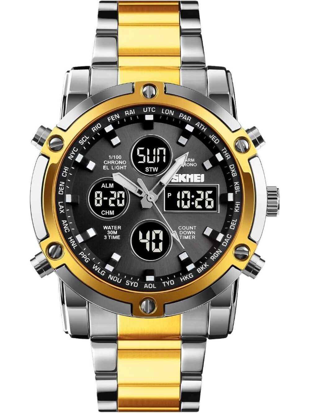 Men’s Two Tone Black Analog-Digital Stainless Steel Large Face Chronograph Watch